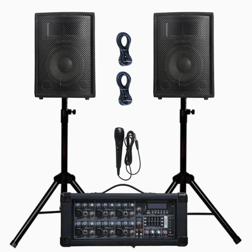 1000W Professional PA Speaker System with Dual 10-Inch Speakers, Powered Mixer, Microphone & Bluetooth Karaoke Audio